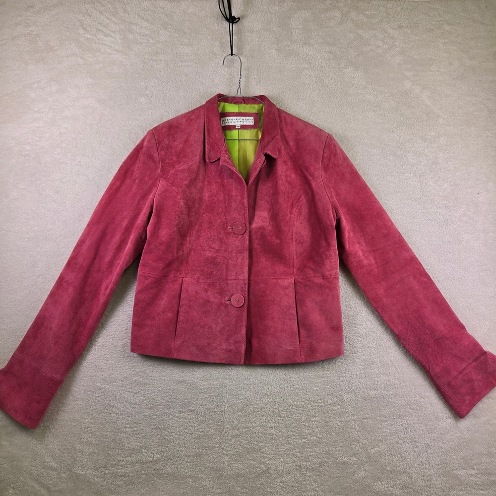 Gretchen Scott Magenta Pink Suede Jacket Lime Green Lining Size M Button Up